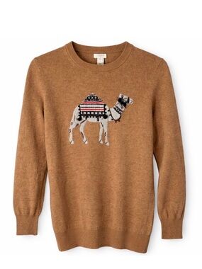 J Crew Camel Graphic Wool Blend Crewneck Sweater Brown XS